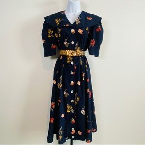 Stunning Navy Floral Print Large Shawl Bib Collar A-Line Flare Dress Size 10